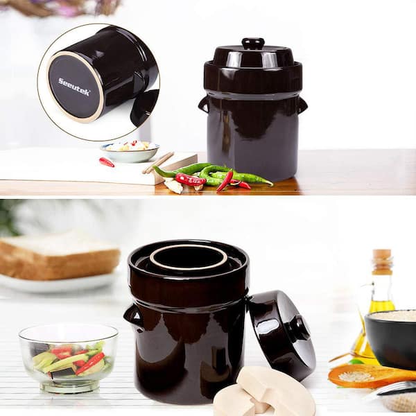 SEEUTEK Brown Fermentation Crock Jar 2-Liter/0.5 Gallon - Stoneware Pot for Fermenting, Pickling Kimchi with Wooden Stick