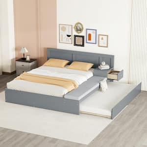 Gray Wood Frame Full Platform Bed with Hydraulic Storage System, Lounge, Twin Trundle, Side Table/Nightstand