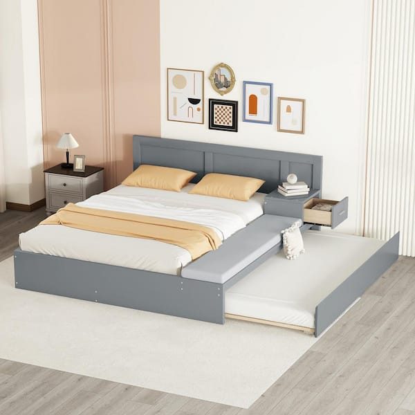 Harper & Bright Designs Gray Wood Frame Full Platform Bed with Hydraulic Storage System, Lounge, Twin Trundle, Side Table/Nightstand