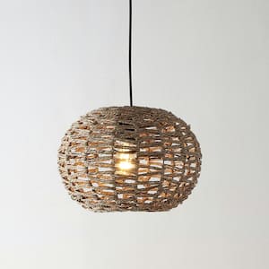 Isla 14 in. 1-Light Farmhouse Coastal Rattan 180 in. Cord Plug-In or Hardwired LED Pendant, Brown