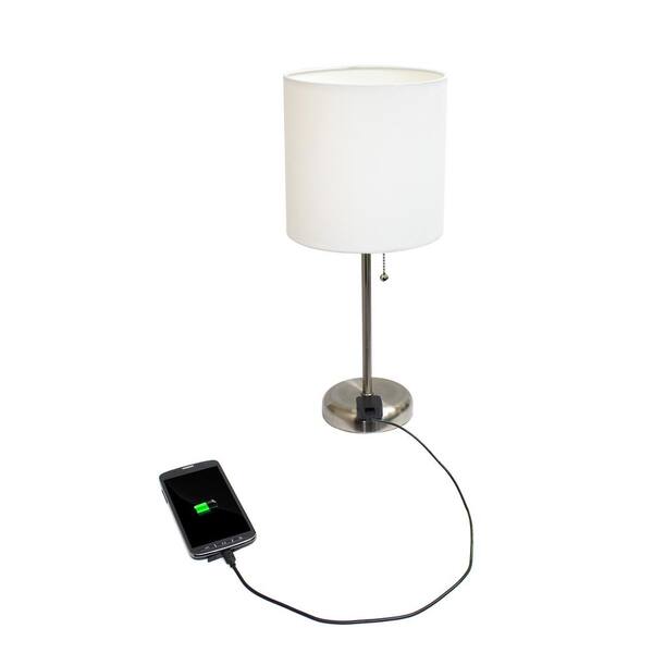 19.5 in Brushed Steel Stick Table Lamp with Charging Outlet Base by Limelights 