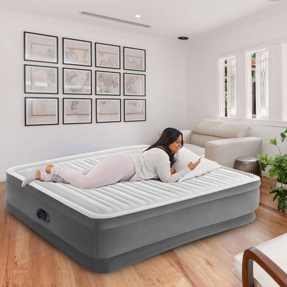 King Size Gray and White Raised Air Mattress with Built-In Pump