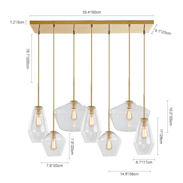 7-Light Vintage Gold Cluster, Cylinder, Linear, Rectangle Geometric, Island, Shaded Chandelier with Unique Clear Glass