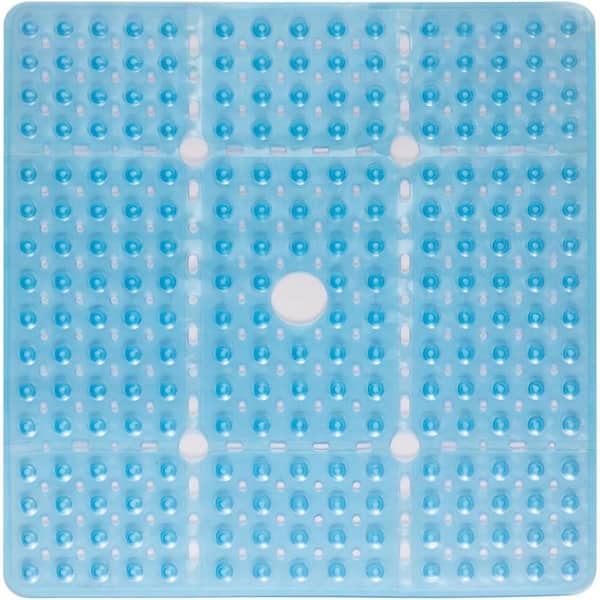 Bath Large Non-Slip Shower Mat 27 x 27 Square with Drain Holes Suction Cups Ideal for Safety and Quick Drainage in Blue
