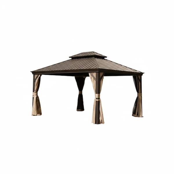 11 ft. x 13 ft. Brown Hardtop Gazebo with Sloping Galvanized Steel Roof, Drainage System, Curtain and Netting