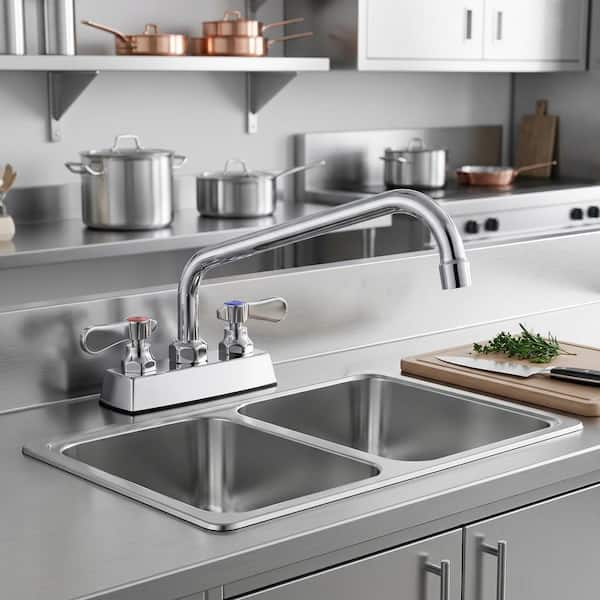 Commercial Deck Mount Double Handle Standard Kitchen Faucet 12 in. Faucet with 360° Swivel Spout in Polished Chrome