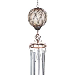 Solar Caged Amber Ball Metal and Glass Wind Chimes
