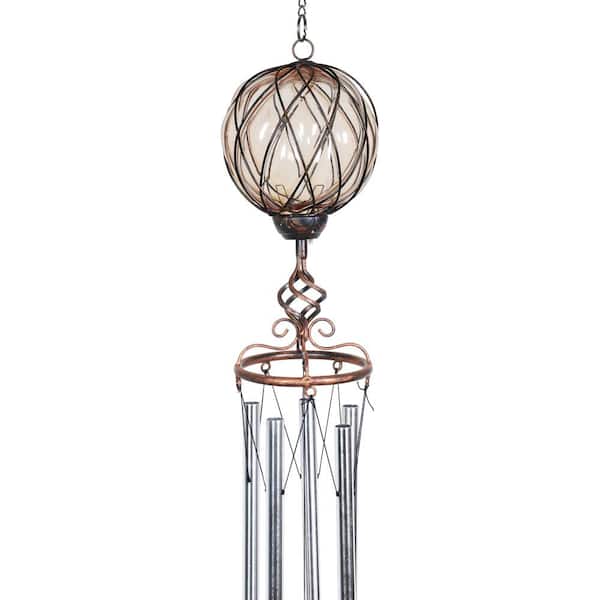 Exhart Solar Caged Amber Ball Metal and Glass Wind Chimes