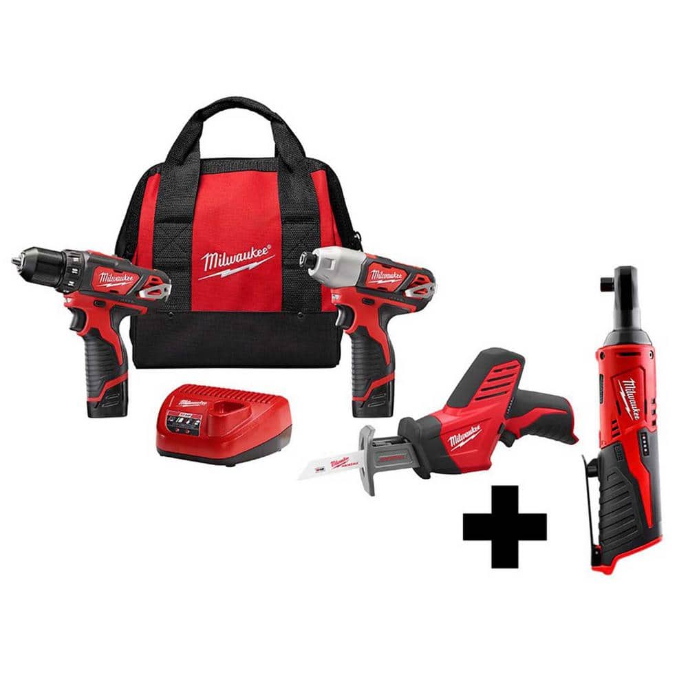 Milwaukee M12 12V Lithium-Ion Cordless Combo Kit (3-Tool) with M12 3/8 in.  Ratchet 2498-23-2457-20 The Home Depot