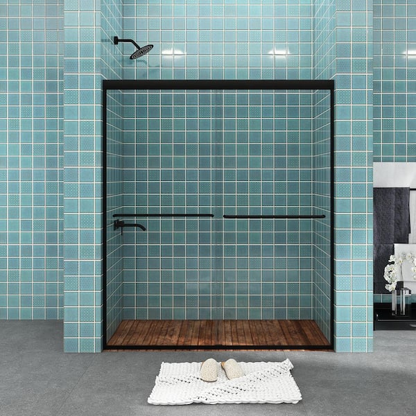 JimsMaison 48 in. W x 70 in. H Double Sliding Framed Shower Door in Matte Black Finish with Clear Tempered Glass