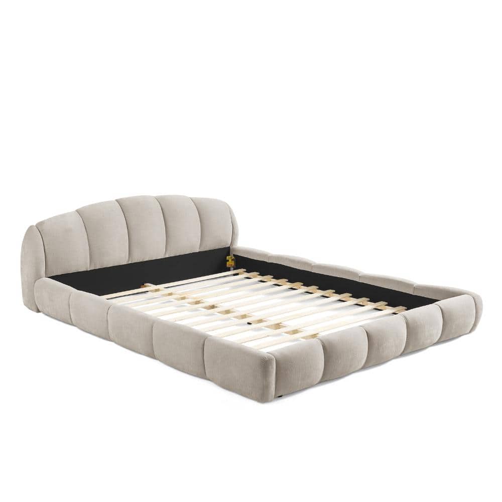 Beige Wood Queen Platform Bed Frame with Curved Chenille Upholstered Headboard, Low Profile Floor Bed, No Box Spring