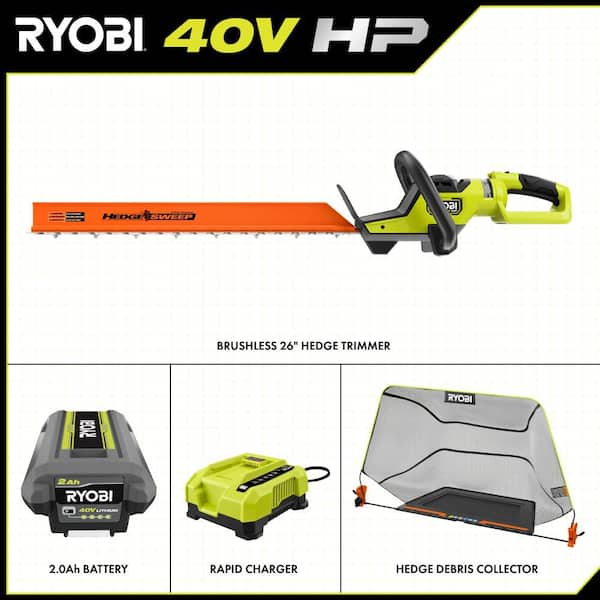40V HP Brushless 26 in. Cordless Battery Hedge Trimmer with Debris Collector and 2.0 Ah Battery and Charger