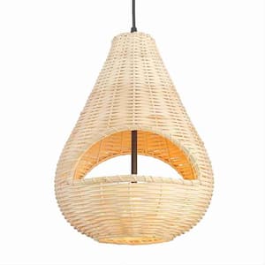 2-Light Bamboo Black and Natural Shaded Pendant Light with Rattan Boho Bird Nest Shade, No Bulbs Included