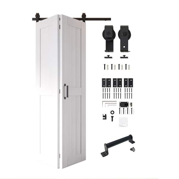26 in. x 80 in. 5-in-1 Design White Solid Core Pine Wood Sliding Bi-Fold Door with T-Shape Roller Hardware Kit