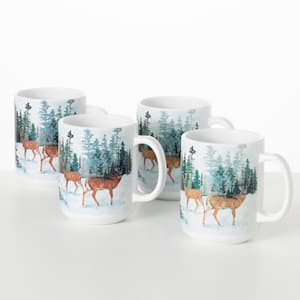 12 oz. Forest Deer Scene Stoneware Mug - Set of 4; Multicolored