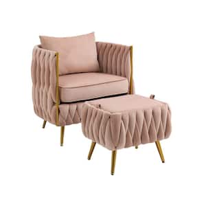 Modern Comfy Upholstered Pink Velvet Accent Arm Chair with Storage Ottoman Set