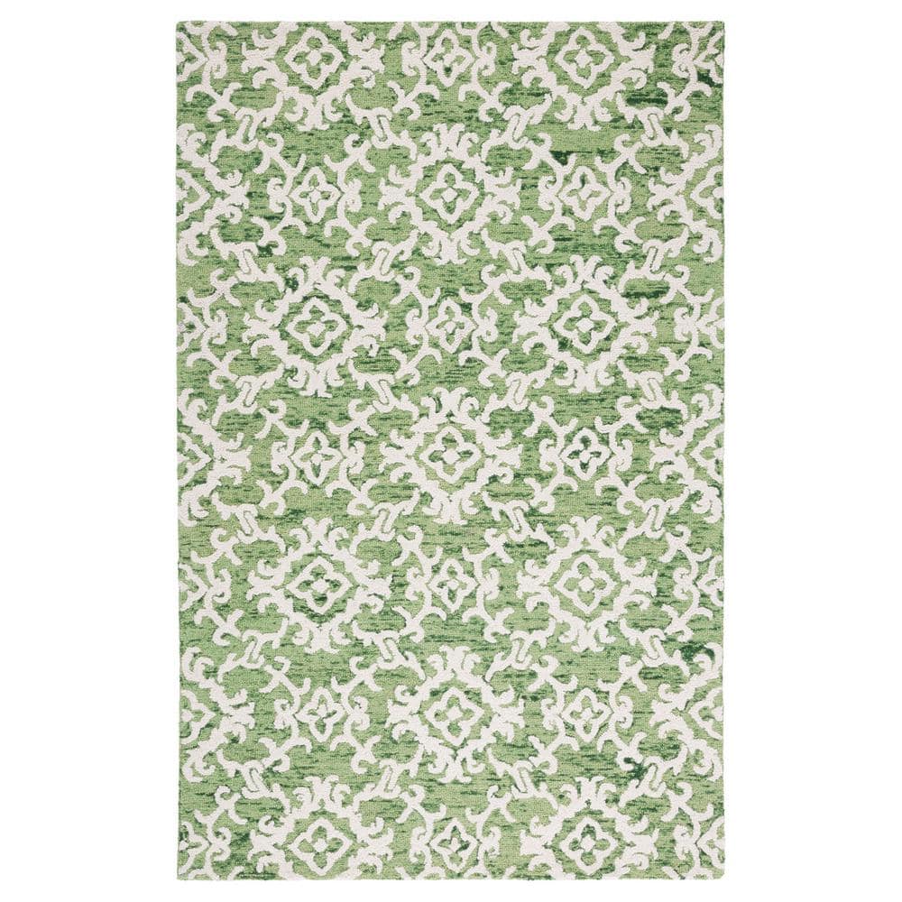 Ivory and Green Handmade Wool Tufted 8' x 10' Rug