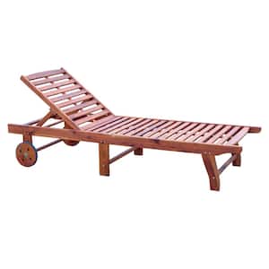 Wooden Outdoor Folding Chaise Lounge Chair Recliner with Wheels in Wood Color