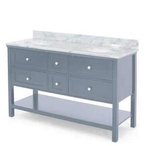 61 in. W x 22 in. D x 40 in. H Double Sink Solid Poplar Frame Bath Vanity in Gray with White Marble Top, Backsplash