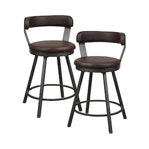 Avignon 25 in. Dark Gray Metal Swivel Counter Height Chair with Brown Faux Leather Seat (Set of 2)