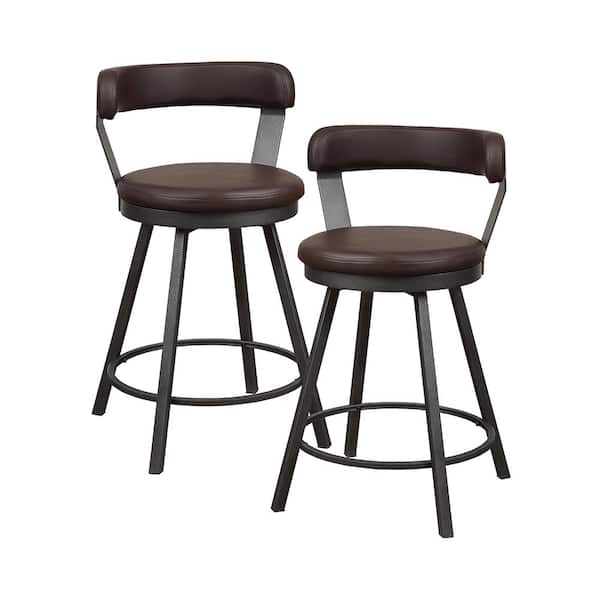 Lazzara Avignon 25 in. Dark Gray Metal Swivel Counter Height Chair with Brown Faux Leather Seat (Set of 2)