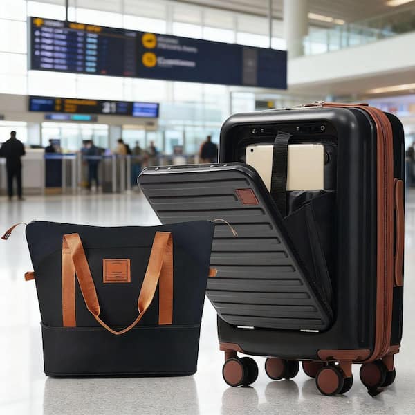 2 Bags 2-Piece Black and Brown Expandable ABS Hardshell Luggage Set with Travel Bag, USB Port, Front Opening(20")