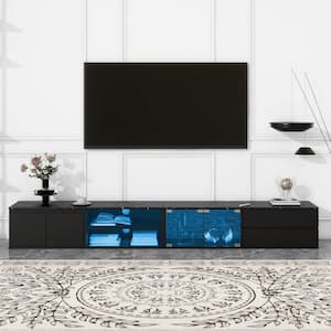 Modern Black TV Stand Fits TV's Up to 105 in. with Tempered Glass Doors, 2 Drawers and Cabinets