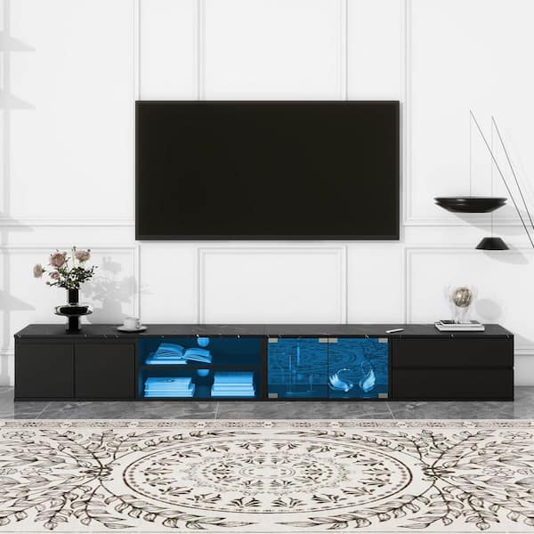 Polibi Modern Black TV Stand Fits TV's Up to 105 in. with Tempered Glass Doors, 2 Drawers and Cabinets