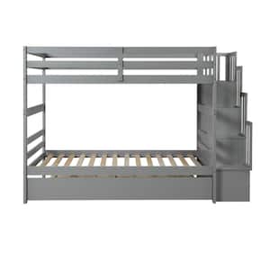 Gray Twin Over Twin Kids Bunk Bed with Trundle, Staircase and Guardrails, Detachable Wood Stairway Bunk Bed with Shelves