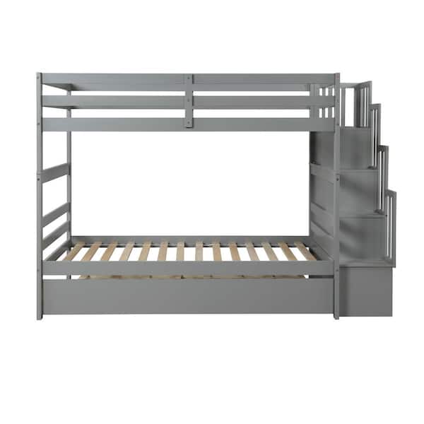 ANBAZAR Gray Twin Over Twin Kids Bunk Bed with Trundle, Staircase and Guardrails, Detachable Wood Stairway Bunk Bed with Shelves
