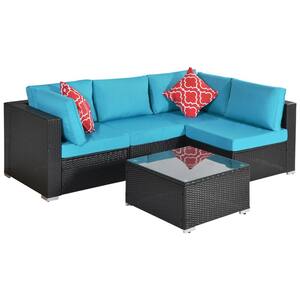 Simple 5-Piece Black Wicker Outdoor Garden Patio Furniture Sectional with Blue Cushions and Pillows and Coffee Table
