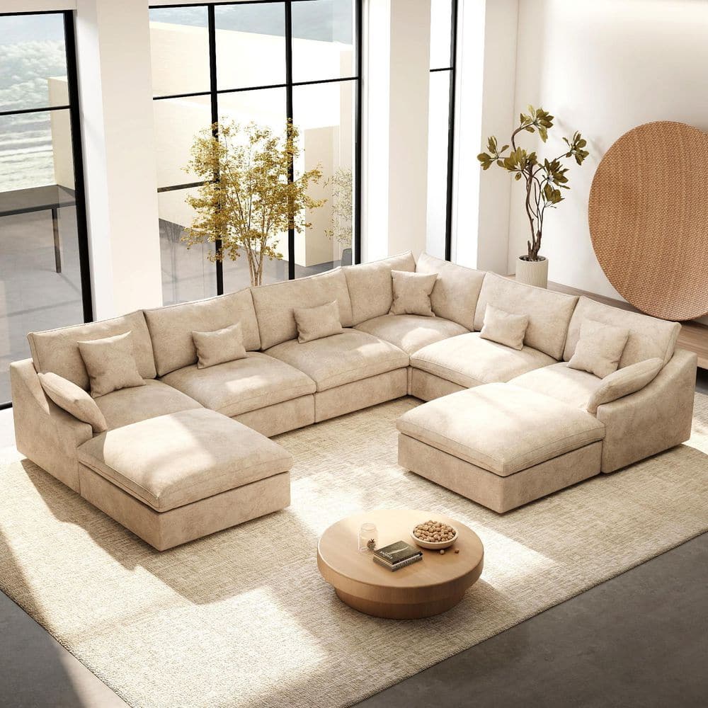 156 in. L Flared Arm 6-piece Down Filled Chenille Modular Sectional Sofa w/Washable Covers, Ottoman & Console in Khaki