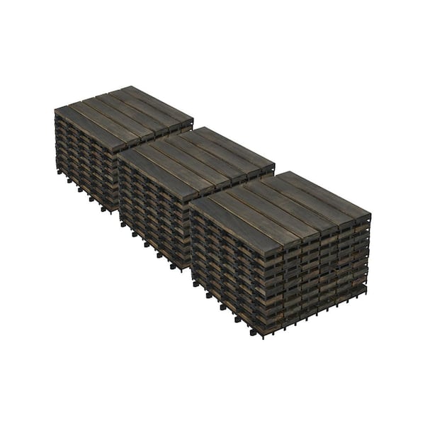12 x 12 in. Outdoor Patio Stripe Pattern Interlocking Design Acacia Hardwood Flooring, Dark Brown, 30 pcs