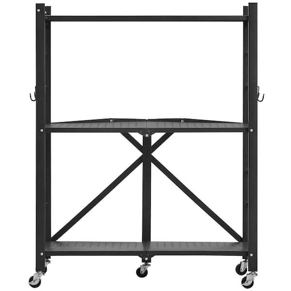 3-Tier Foldable Storage Shelf 28 in. W x 13 in. D Folding Metal Rack Shelving UnitCarbon Steel Garage Wall Shelf, Black