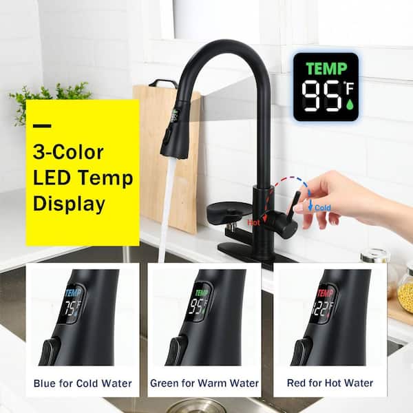 17.7 in. Matte Black Pull-Down Kitchen Faucet with Press-Type Glass Rinser, Temperature Display and 360˚ Swivel Spout