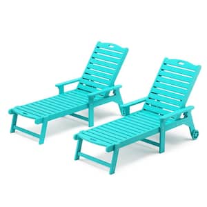Helen Aruba Blue Recycled Plastic Ply Adjustable Outdoor Reclining Chaise Lounge Chairs With Wheels for Pool (Set of 2)