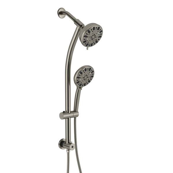Logmey 7-Spray Patterns with 1.8 GPM 5 in. Wall Mount Dual Shower Heads with Hose and Shower Arm in Brushed