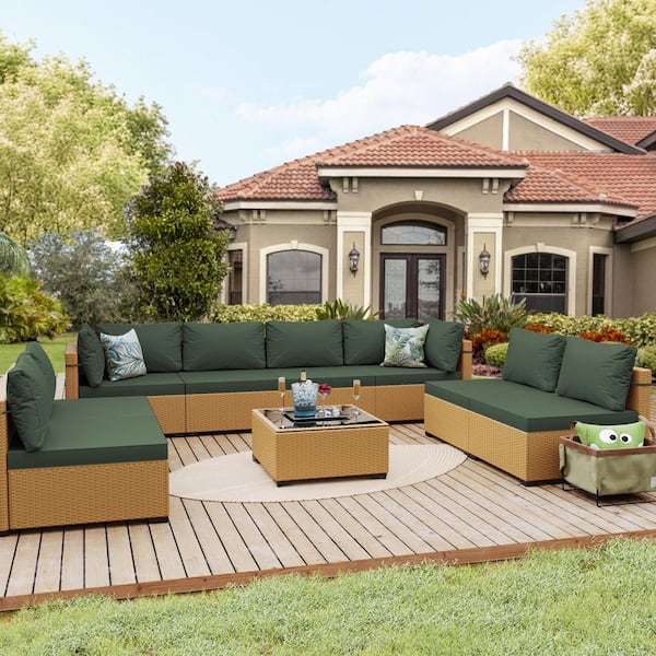 UPHA Yellow 9-Piece Wicker Patio Conversation Sofa Set with Dark Green Cushions