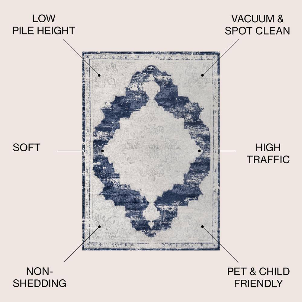Ivory and Navy Synthetic Reversible Medallion Area Rug