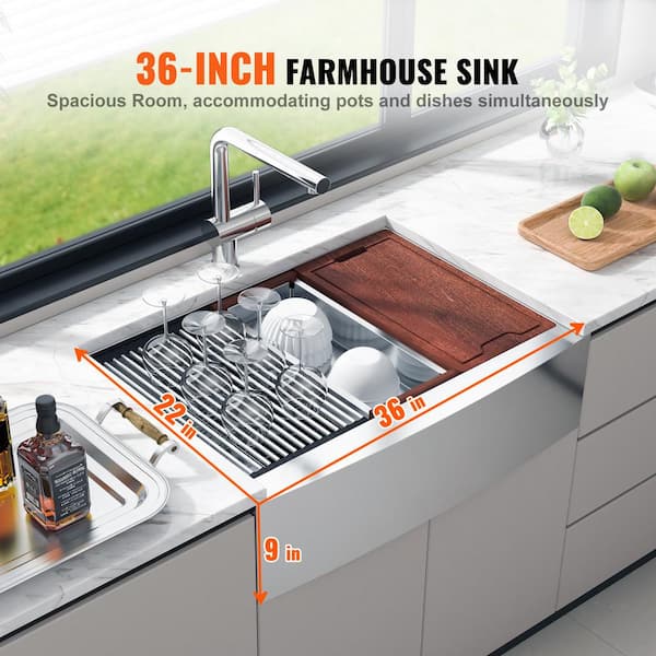 36 in. Farmhouse Kitchen Sink Top Mount Single Bowl Basin 304 Stainless Steel Drop-In Sink with Ledge and Accessories