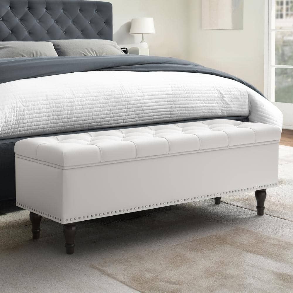 LUE BONA White Faux Leather Ottoman 50.8 in. x 17.1 in. x 18.8 in ...