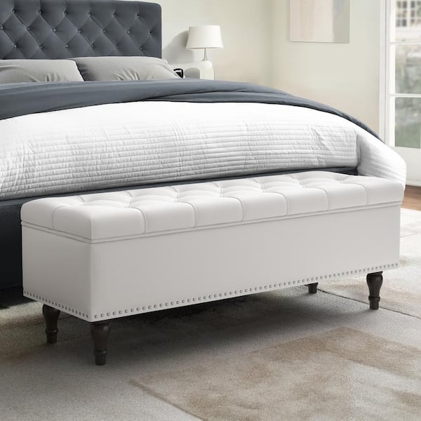 LUE BONA White Faux Leather Ottoman 50.8 in. x 17.1 in. x 18.8 in. Bench For Bedroom End Of Bed