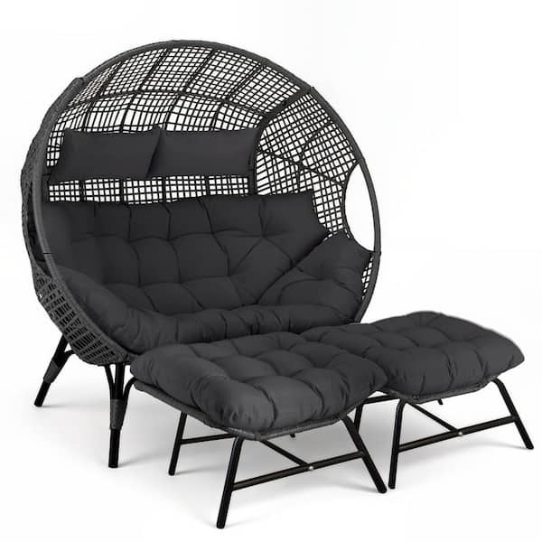 Oversized 2-Person Wicker Outdoor Patio Lounge Chair with 2-Ottomans, Dark Gray