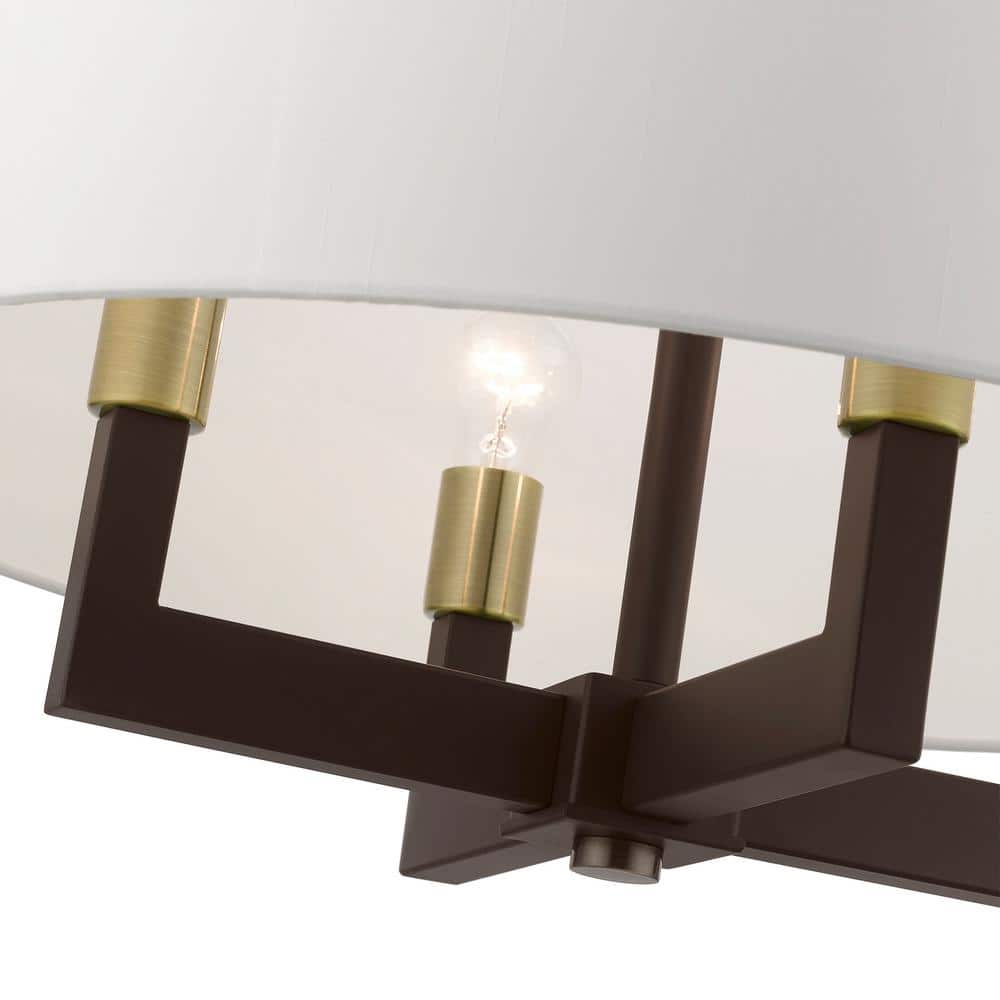 Bronze and Antique Brass 4-Light Chandelier with Off-White Shade