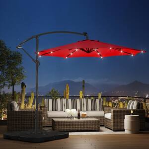 Bayshore 10 ft. Outdoor Patio Crank Lift LED Solar Powered Cantilever Umbrella with 4-Piece Base Weights in Red
