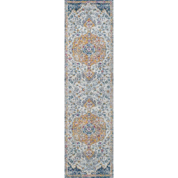 Lorena Ornate Light Gray/Dark Blue/Orange 2 ft. x 8 ft. Boho Medallion Area Rug