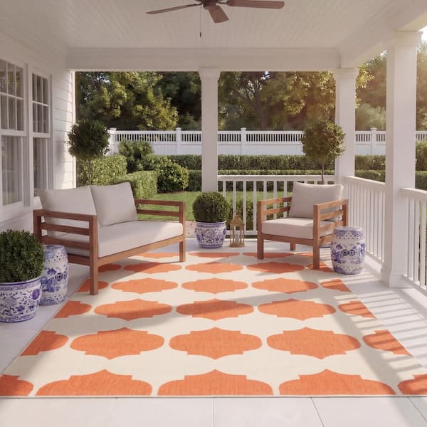 Courtyard Beige/Terracotta 8 ft. x 11 ft. Geometric Indoor/Outdoor Patio Area Rug