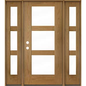 BRIGHTON Modern 64 in. x 80 in. 3-Lite Right-Hand/Inswing Clear Glass Bourbon Stain Fiberglass Prehung Front Door DSL