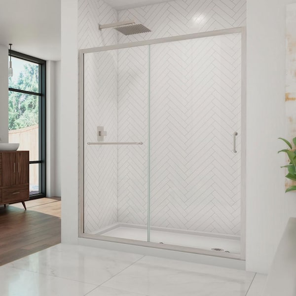 Infinity-Z 36 in. x 60 in. Semi-Frameless Sliding Shower Door in Brushed Nickel with Right Drain White Acrylic Base