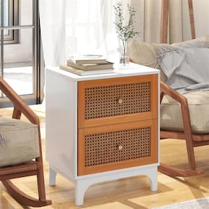 White + Brown 2 Drawers 18 in. W Rattan Nightstand with Storage Wood End Sofa Side Table